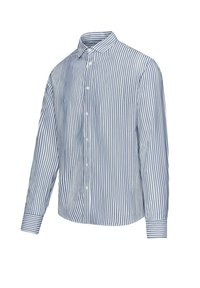 Camicia a maniche lunghe realizzata in tessuto con strisce verticali blu e bianche. Presenta un colletto e un'apertura con bottoni, con dettagli in bottoni sui polsini.