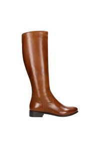Botte en cuir marron jusqu'au genou avec une finition polie, un bout rond et un petit talon carré ; présente une texture lisse et un design simple.