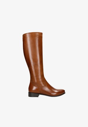 Stivale marrone in pelle fino al ginocchio con una finitura lucida, punta rotonda e tacco basso; presenta una texture liscia e un design semplice.