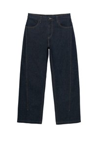 Temno modre široke kavbojke iz jeansa z oranžnim kontrastnim šivanjem, petimi žepi, zapiranjem na gumb in srednje višinskim pasom.