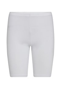 Hvide strækshorts med en glat overflade, elastisk talje og en kropsnær pasform, ideelle til aktivt brug eller lag-på-lag.