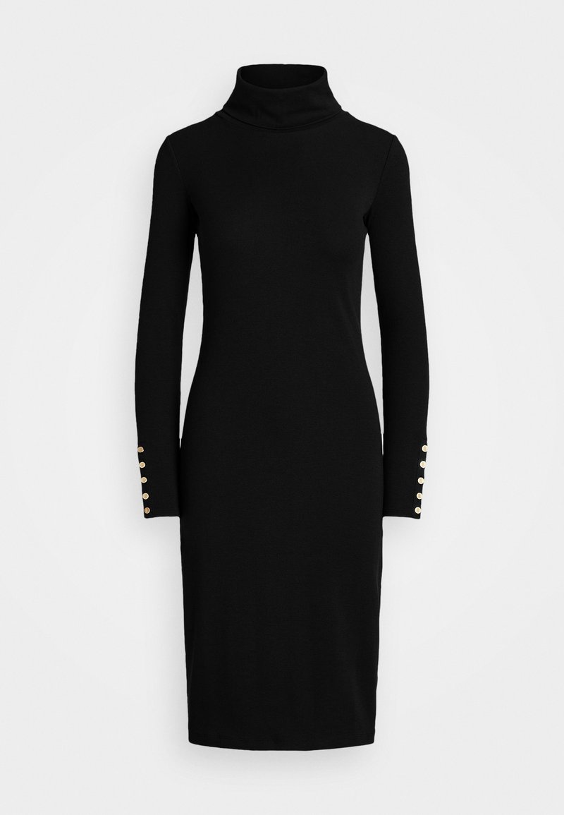 Robe midi noire à manches longues et col roulé, boutons dorés aux poignets, silhouette ajustée, présentée sur un fond clair uni.