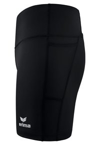 Shorts de sport noirs au design ajusté, texture lisse et coutures à plat. Comprend une petite poche sur le côté et un détail de logo.