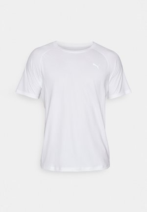 Valkoinen lyhythihainen urheiluprintti, jonka pinnassa on sileä rakenne. Ominaisuuksiin kuuluu pyöreä kaula-aukko ja pieni logo vaaleassa sävyssä vasemmassa rinnassa.