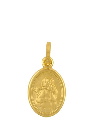 Goldener ovaler Anhänger mit erhabenem Relief eines Cherubs mit Flügeln, der seinen Kopf auf eine Hand stützt.