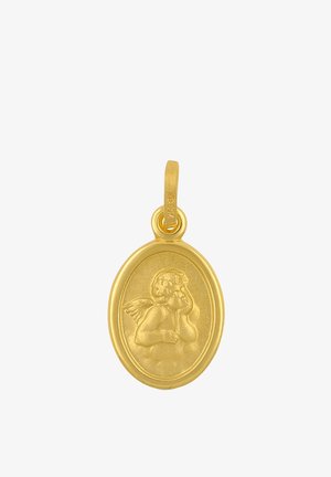 Goldener ovaler Anhänger mit erhabenem Relief eines Cherubs mit Flügeln, der seinen Kopf auf eine Hand stützt.