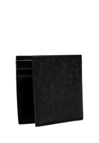 Portafoglio in pelle nera testurizzata con più slot per carte e design pieghevole, caratterizzato da una finitura liscia e un aspetto minimalista.