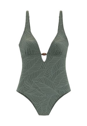 Green one-piece swimsuit featuring a leaf pattern, plunging neckline, and center cutout with a circular brown accent. Smooth texture, adjustable straps.