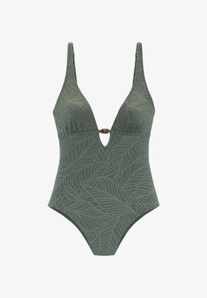 Maillot de bain une pièce vert avec un motif de feuilles, décolleté plongeant et découpe centrale avec un accent circulaire marron. Texture lisse, bretelles ajustables.