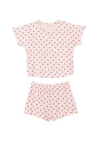 Ensemble de loungewear rose clair avec un haut à manches courtes et un short. Présente une texture côtelée et un motif de points rouges sur toute la surface. Ceinture élastique sur le short.