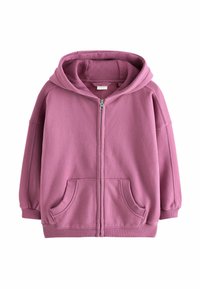 Ružová mikina na zips s veľkou kapucňou, rebrovaným golierom, dvoma prednými vreckami a voľne strihanými rukávmi, vyrobená z mäkkej, textúrovanej látky.