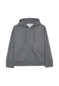 Grijze zip-up hoodie gemaakt van zachte stof met een gemêleerde textuur. Beschikt over een voorkleurige rits, twee zakken en verstelbare koorden bij de capuchon.