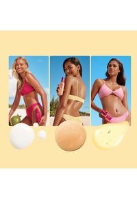 Trzy kobiety w strojach kąpielowych: różowym i żółtym bikini. Butelki kosmetyków, kremowe białe i połyskujące złote tekstury. Tło plażowe.