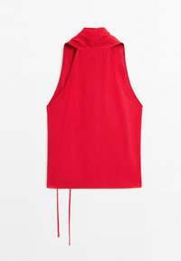 Red sleeveless top with a high neck and two thin hanging ties at the bottom, viewed from the back against a white background.
