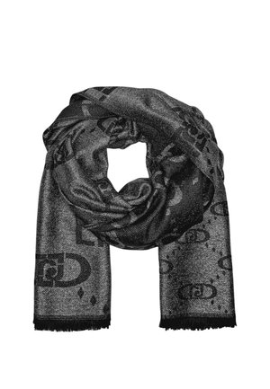Foulard nero con un motivo tessuto testurizzato e accenti di logo ripetuti. I bordi frangiati migliorano il dettaglio e la texture del design.