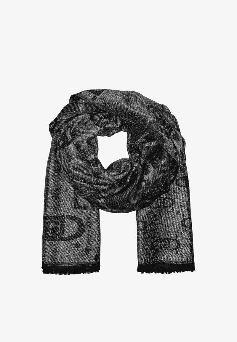 Foulard nero con un motivo tessuto testurizzato e accenti di logo ripetuti. I bordi frangiati migliorano il dettaglio e la texture del design.