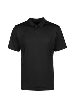 Schwarzes Polohemd aus atmungsaktivem Material, mit klassischem Kragen, kurzen Ärmeln und einem dezenten Logo auf der Brust. Glatte Textur.
