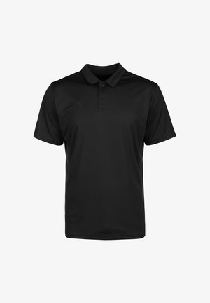 Polo nero realizzato in tessuto traspirante, con colletto classico, maniche corte e un logo discreto sul petto. Texture liscia.