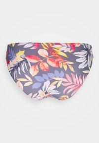 Szare bikini dolne w kwiatowy wzór z żywymi liśćmi w kolorze różowym, żółtym i niebieskim. Gładka faktura, elastyczny materiał i standardowy krój.