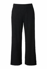 Pantalon noir à jambes larges avec des motifs subtils floraux et ondulés en texture, une ceinture ajustée et une coupe à taille moyenne.