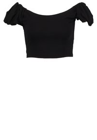 Černý zkrácený top z elastického materiálu. Má design bez ramínek s nafouknutými rukávy a na ramenech je nařasený.