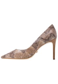 Lodičková bota s špičatou špičkou a vysokým podpatkem ve béžové a hnědé barvě s hadím vzorem, s elegantním siluetou a stiletto podpatkem.