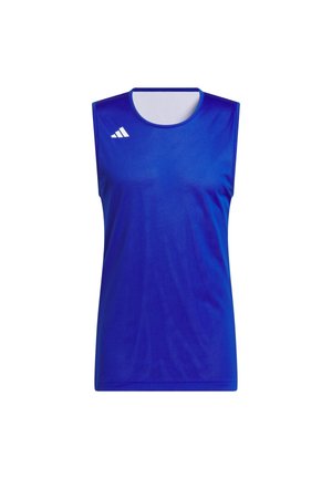 Blaues sportliches Tanktop aus Netzgewebe. Verfügt über einen Rundhalsausschnitt und ärmelloses Design. Weißes Adidas-Logo auf der linken Brust.