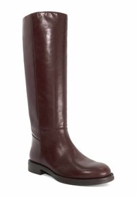 Knee-high burgundy leather boots with a smooth texture, round toe, and low stacked heel. No visible hardware or patterns. Elegant design.
