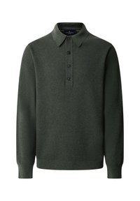 Tamnozeleni dukserica s dugim rukavima od teksturirane tkanine, sa ovratnikom i tri crna dugmeta sprijeda za kopčanje.