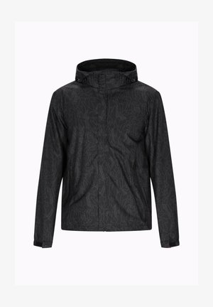 Črna jakna z geometrijskim vzorcem, z visokim ovratnikom, zadrgo in lahkim, vodoodpornim materialom.