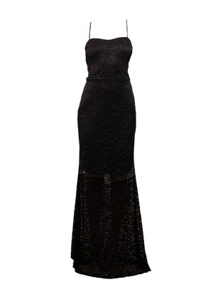 Czarna koronkowa sukienka wieczorowa z ramiączkami spaghetti, dopasowanym topem i rozszerzanym, przezroczystym koronkowym dołem. Szczegółowy, kwiatowy wzór na całej tkaninie.