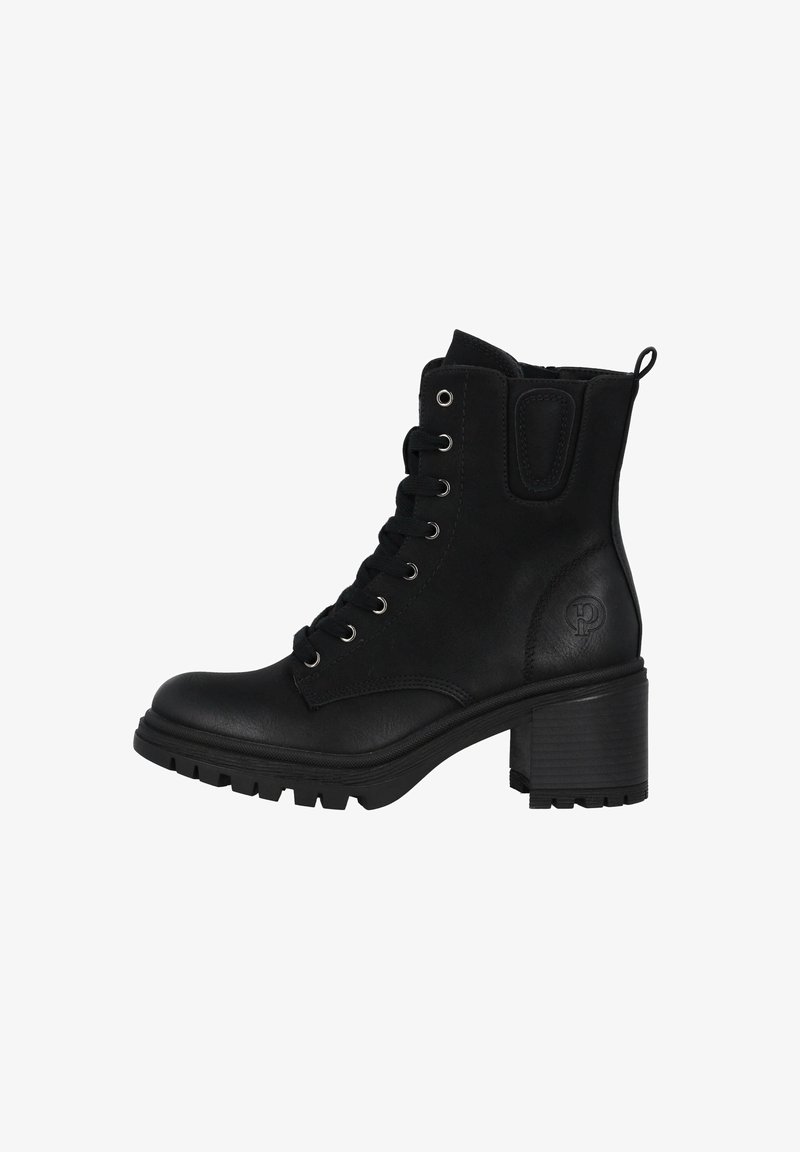 Bottine en cuir noir avec fermeture à lacets sur le devant, bout rond, talon épais et semelle texturée. Comprend des œillets métalliques et un accent logo.
