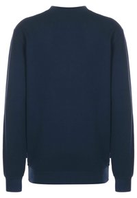 Pull bleu marine à manches longues avec poignets et ourlet côtelés, présenté de dos.