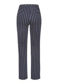 Navy blue striped trousers with an elastic waistband; vertical stripes in light gray, straight cut, and smooth fabric texture.