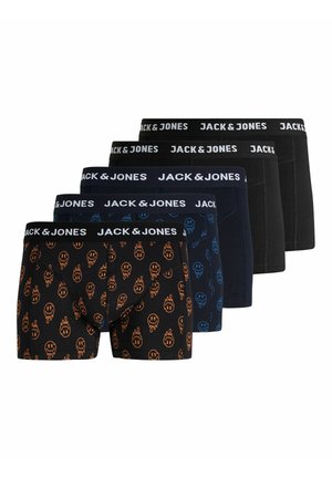 Cinq paires de boxers pour hommes Jack & Jones en noir et bleu foncé, deux à motif flammes de crâne orange et bleu, trois unis.
