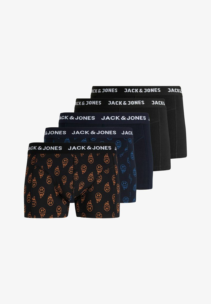Cinq paires de boxers pour hommes Jack & Jones en noir et bleu foncé, deux à motif flammes de crâne orange et bleu, trois unis.