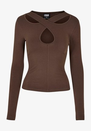 Brown long-sleeve fitted top with crisscross neckline straps and a central keyhole cutout, label shows "Urban Classics" XS.