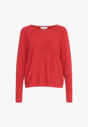 Red long-sleeve top in a loose, relaxed fit. Features a round neckline and ribbed cuffs, made from a lightweight, soft fabric.