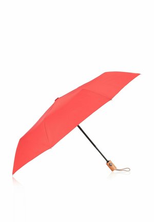 Red umbrella with a smooth, water-resistant fabric canopy, black metal shaft, and a tan leather grip with a wrist strap.