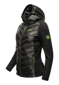 Insulated black jacket with a hood, featuring green zippers, a quilted front, and soft black sleeves. Logo patch on the arm.