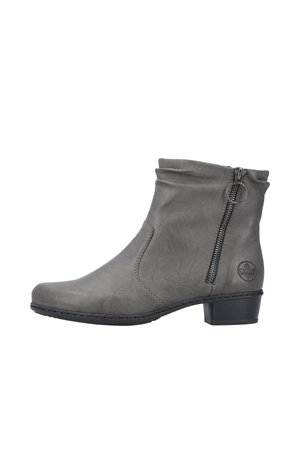 Gray leather ankle boot with a slouched design, side zipper, and a low block heel. Features a circular logo accent near the heel.