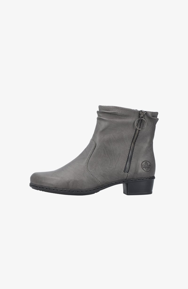 Graue Leder-Stiefelette mit einem lässigen Design, seitlichem Reißverschluss und niedrigem Blockabsatz. Mit einem kreisförmigen Logo-Akzent in der Nähe des Absatzes.