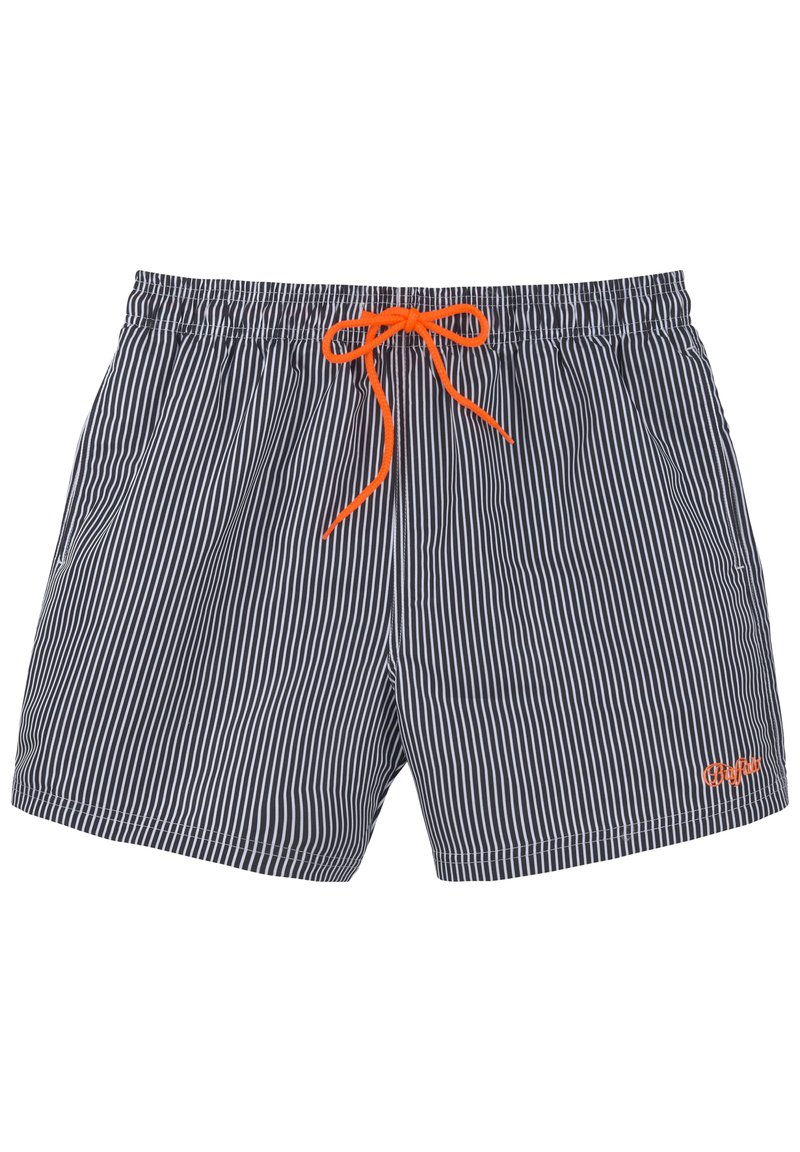 Pantaloni za plavanje s prugastim vzorcem v mornarsko modri in beli barvi, elastičnim pasom z oranžnim vrvico in stranskimi žepi.