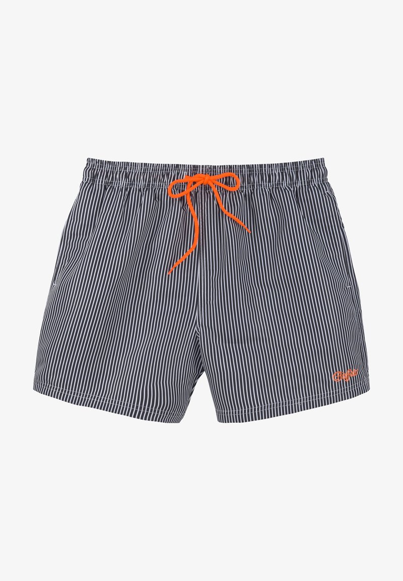 Pruhované plavky s námorníckym a bielym vertikálnym vzorom, elastický pás s oranžovým šnúrkovým uzáverom a bočné vrecká.