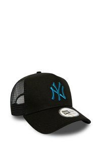 Black baseball cap with a curved visor, featuring a blue embroidered logo on the front and a mesh back for ventilation.