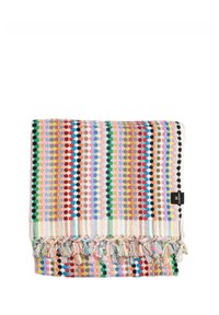 Multicolored woven blanket featuring a hexagonal pattern with fringed edges. Colors include red, blue, green, and beige. Edges have striped accents.