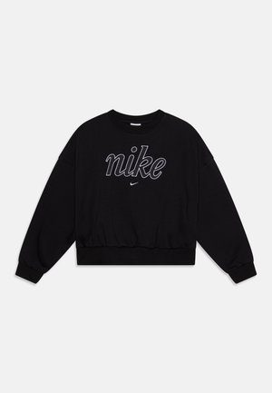 Sort langærmet sweatshirt med rund hals i crewneck stil, med hvidt kontureret "nike" skrift og lille Nike swoosh logo nedenfor teksten på fronten.