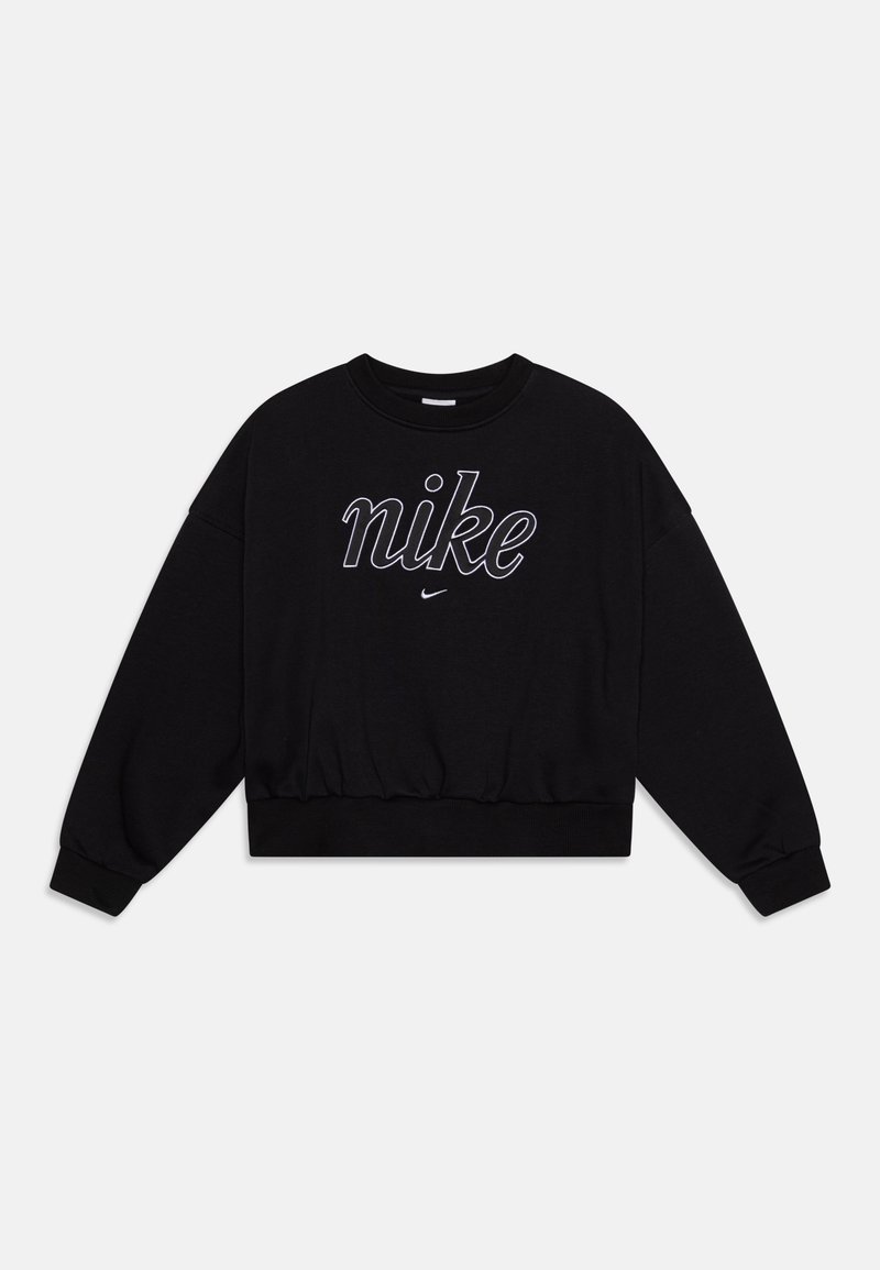 Czarny długi rękaw crewneck z białym konturowym napisem "nike" oraz małym logo Nike swoosh poniżej tekstu z przodu.
