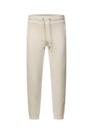 Hellbeige Jogginghosen mit Kordelzug an der Taille, Seitentaschen und Bündchen an den Knöcheln, abgebildet vor weißem Hintergrund.