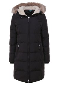 Svart puffjacka med en huva fodrad med konstgjord päls, dragkedjor på frampocket och kviltad textur. Mittenlång design.